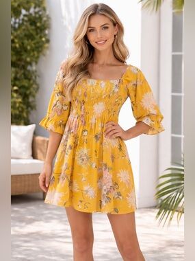 H&M Mustard Floral Smocked Dress